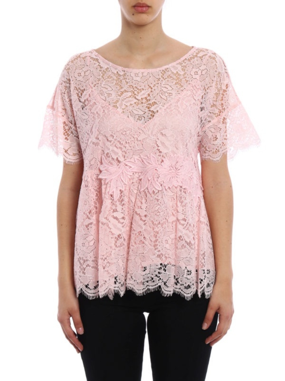 P.A.R.O.S.H. Pink Lace Overlay Floral Peplum Blouse NWT Short Sleeve has slip